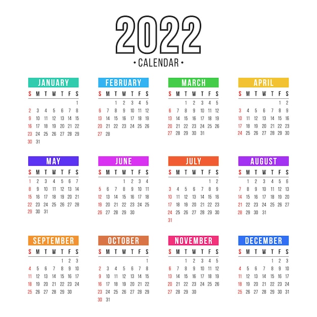 Calendario per il 2022 su sfondo bianco per organizzazione e affari and