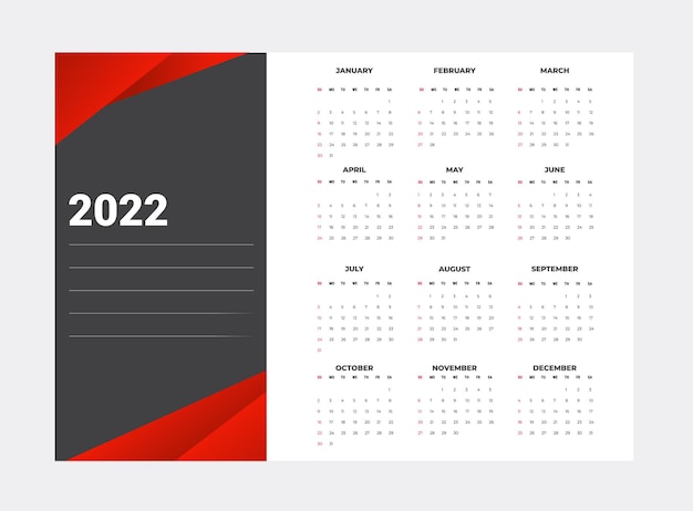 Calendar for 2022 on a white background sunday to monday business template