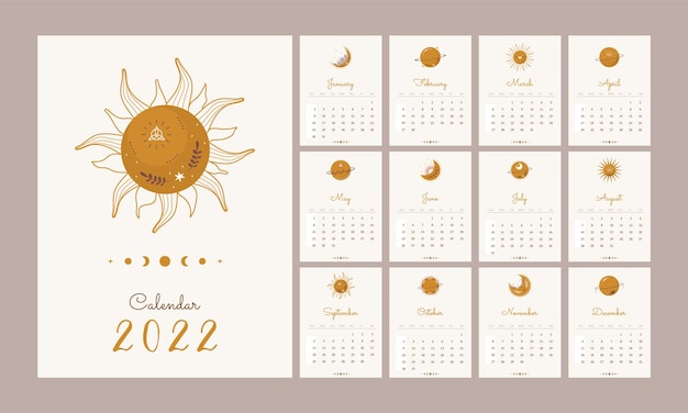 Calendario 2022 con elementi celesti boho. Vettore Premium