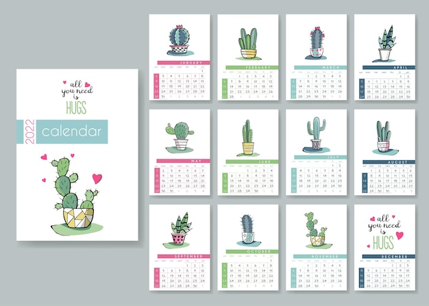 Calendar 2022 with cute cactuses in scandinavian style set of 12 months calendar template