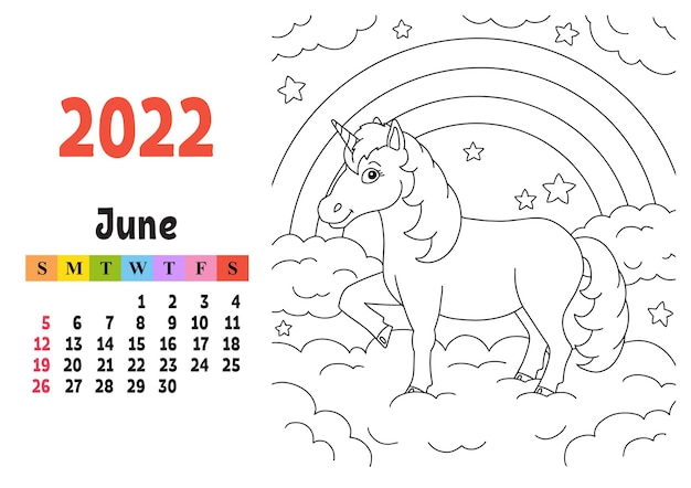 Calendario per il 2022 con un simpatico personaggio. fata unicorno. pagina da colorare. design divertente e luminoso. illustrazione vettoriale di colore isolato. stile cartone animato.