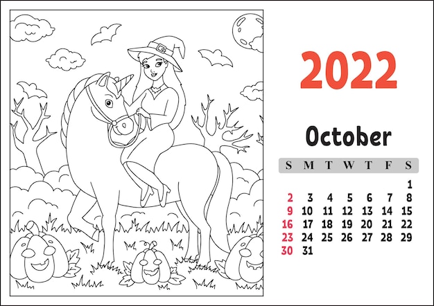 Calendar for 2022 with a cute character fairy unicorn coloring page