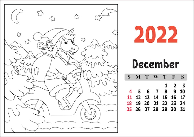 Calendar for 2022 with a cute character fairy unicorn coloring page