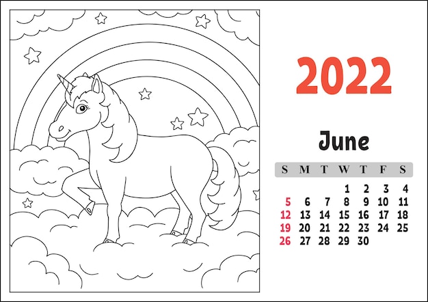 Calendario per il 2022 con un simpatico personaggio fata unicorno pagina da colorare