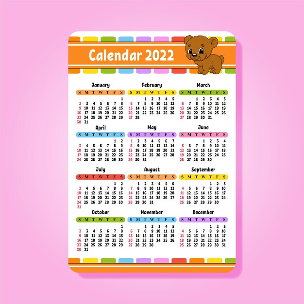 Calendar for 2022 with a cute character fun and bright design