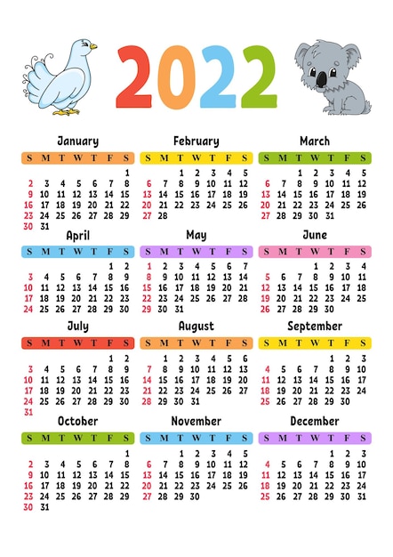 Calendar for 2022 with a cute character