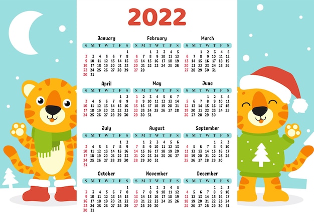 Calendar for 2022 with a cute tiger symbol of the new year