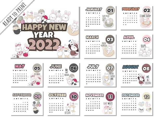 Calendario 2022 con illustrazione di animali del fumetto piatto illustrazione animale carino con 12 mesi cal