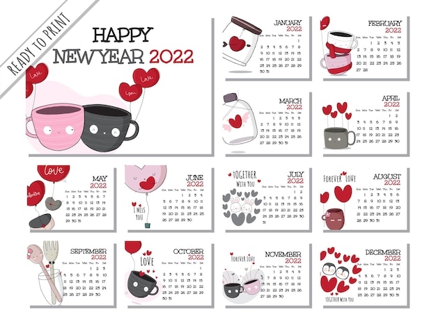 Calendario 2022 con illustrazione di animali del fumetto piatto illustrazione animale carino con 12 mesi cal
