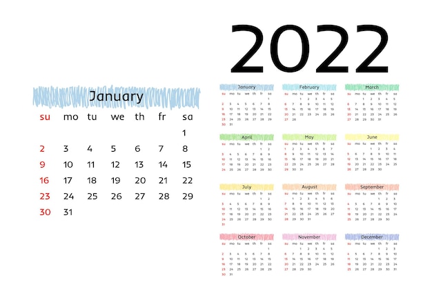 Calendar for 2022 with large january isolated on a white background. sunday to monday, business template. vector illustration