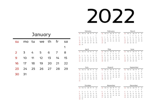 Vector calendar for 2022 with large january isolated on a white background. sunday to monday, business template. vector illustration