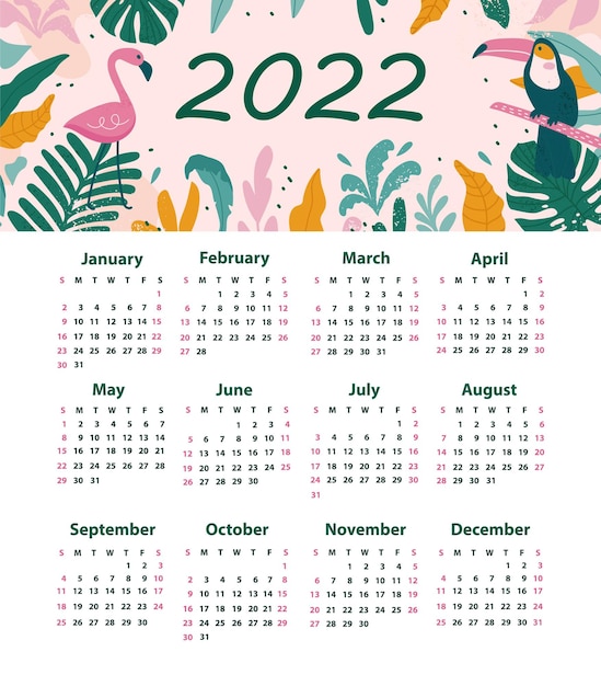 Calendar 2022 with toucans, flamingos, cactuses, exotic leaves. vector illustration