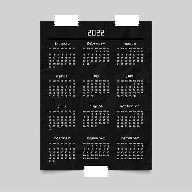 Calendar for 2022 year on black crumpled paper poster mockup. Week starts from Sunday. Vector illustration.