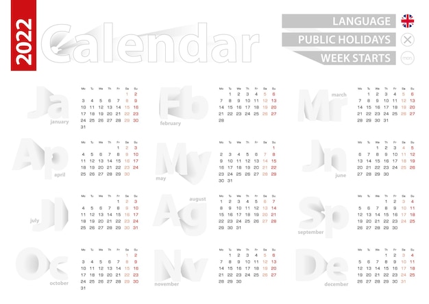 Vettore calendario per l'anno 2022 in lingua inglese, calendario vettoriale grigio