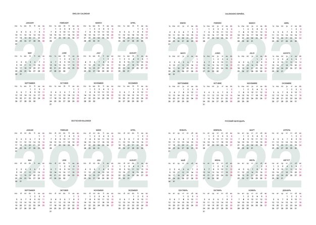 Calendar of 2022 year on english, spanish, russian, deutsch language, calender. vector illustration