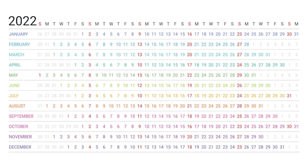 Calendario per l'anno 2022. modello di pianificatore lineare. illustrazione vettoriale.