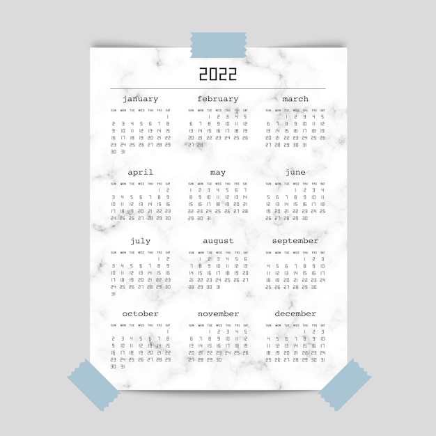 Calendar for 2022 year on poster mockup with marble pattern. Week starts from Sunday. Vector illustration.