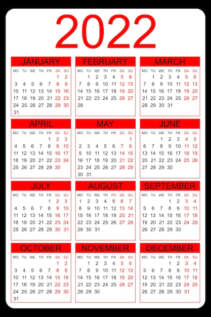 Calendar 2022 yearly Week starts on Monday Vector illustration