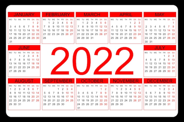 Calendar 2022 yearly Week starts on Monday Vector illustration