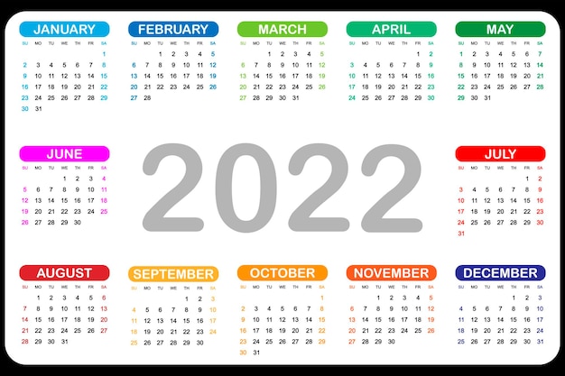 Vector calendar 2022 yearly week starts on sunday vector illustration