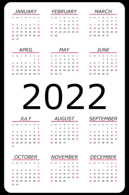 Calendario 2022 settimana annuale inizia domenica illustrazione vettoriale