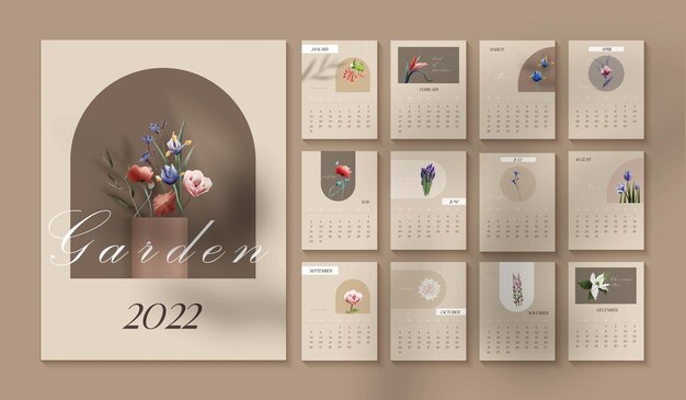 Calendar 2022card pages of calendar with separate monthes cards botanical illustration with flower