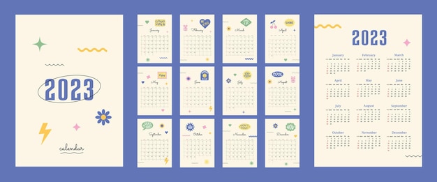 Vector calendar 2023 in 1990s style with square grid and retro stickers with positive phrases week start on sunday set of 12 months cover and one sheet of the year template for a4 a3 a5 size