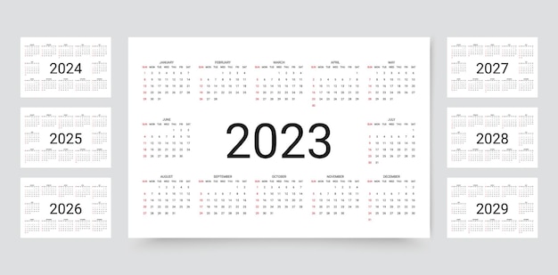 矢量日历为2023年2024年2025年2026年2027年2028年2029年周开始周日日历布局