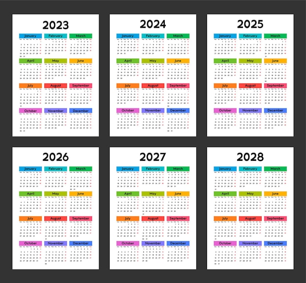달력 2023 2024 2025 2026 2027 2028 주는 밝은 다색 디자인 벡터 일러스트가 있는 월요일 기본 템플릿에 시작됩니다.