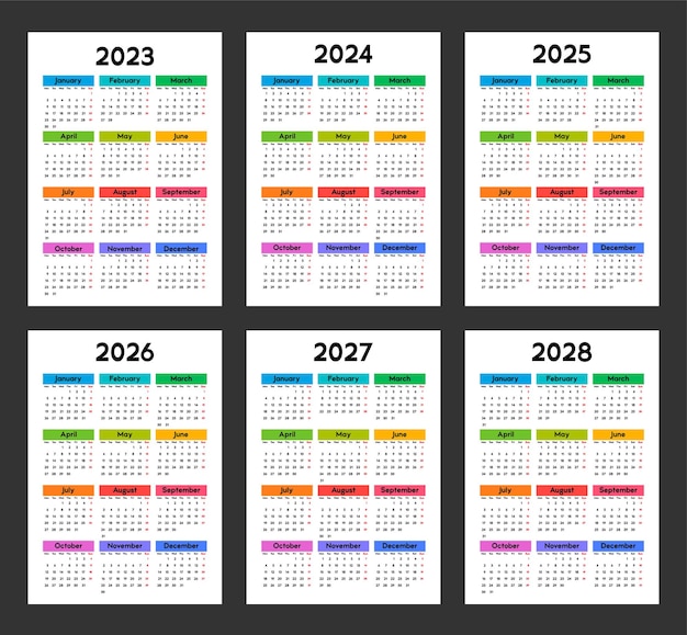 Calendar 2023 2024 2025 2026 2027 2028 week starts on monday basic template with a bright multicolored design vector illustration