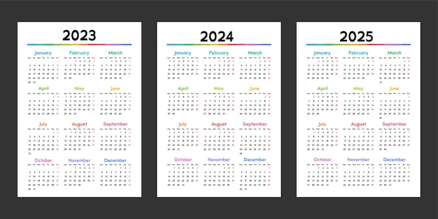 2023年、2024年、2025年のカレンダー週は月曜日に始まり、明るい色とりどりの要素を持つ基本的なビジネス テンプレート ベクトル イラスト