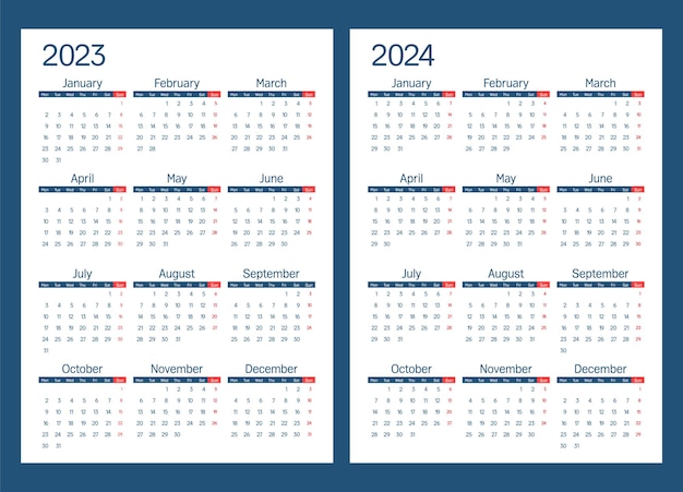 Calendar 2023 and 2024 week starts on Monday basic business template vector illustration