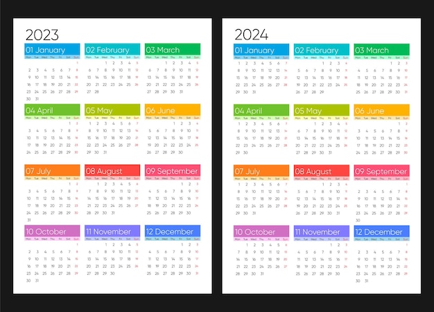 Calendar 2023 and 2024 week starts on monday basic business template vector illustration