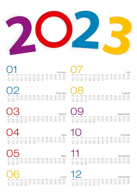 Calendario 2023 tutti i mesi 2 settimane linea