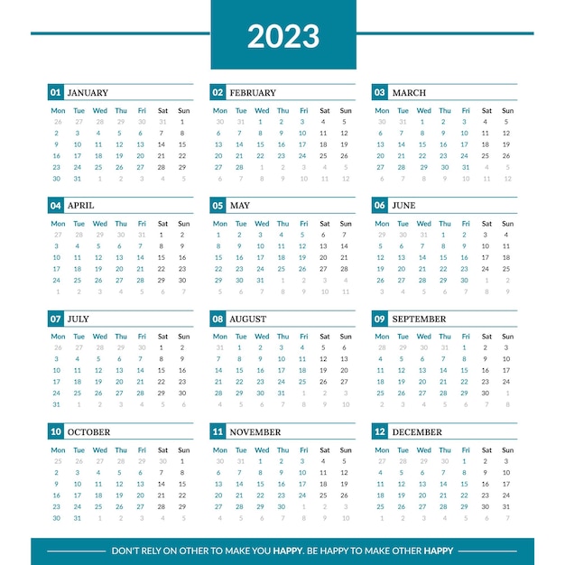 Calendario 2023, calendario per la settimana 2023 inizia lunedì, modello di calendario 2023 semplice e pulito