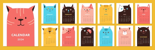 Vector calendar 2023 cartoon cat template set monthly cute kitty pets funny doodle animal different emotion