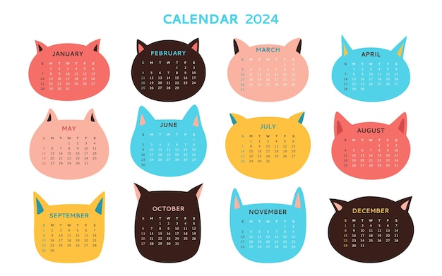 Calendar 2023 Cats head shape template set cute kitty pets muzzle funny kawaii animal simple planner