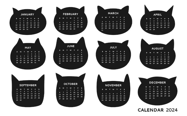 Calendar 2023 Cats head silhouette template set cute kitty pets shape muzzle animal simple planner