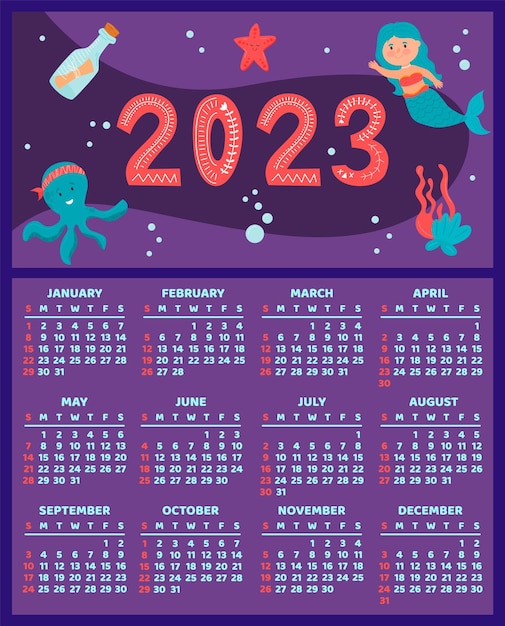 2023年カレンダー 海賊デザインの子供用カラフルカレンダー タコ・人魚・ヒトデ・文字入りボトル