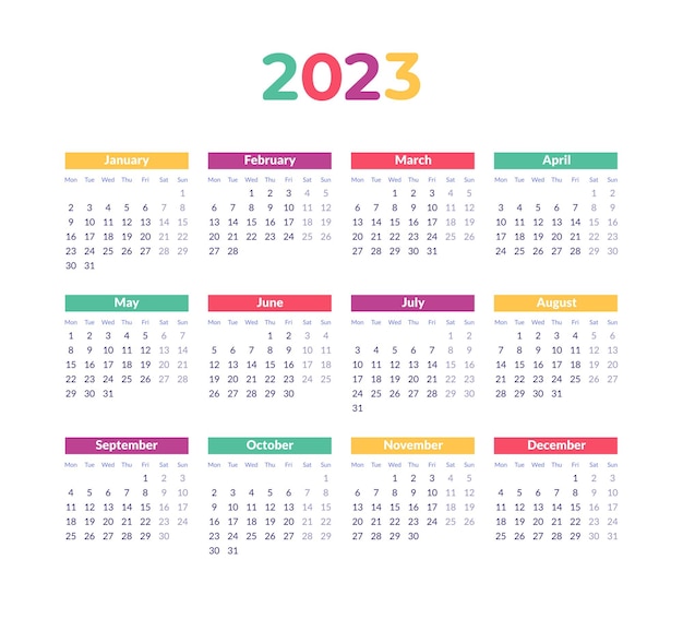 달력 2023 사무실 학교 또는 3행 격자가 있는 가정을 위한 다채롭고 장난스러운 디자인 벡터