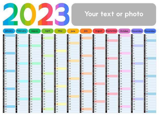 밝은 여러 가지 빛깔의 디자인과 텍스트 공간 벡터 컬러 일러스트가 있는 2023 일일 이벤트 플래너용 달력