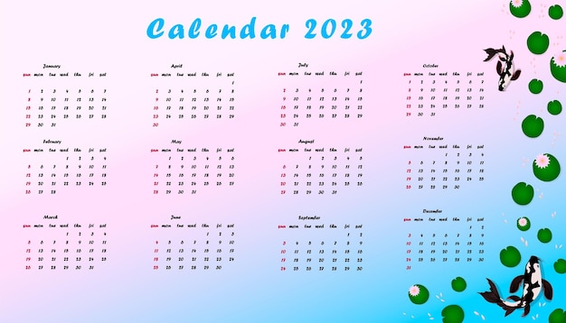 Calendar for 2023 decorated with stylized koi fish and water lilies. Bright gradient, simple design