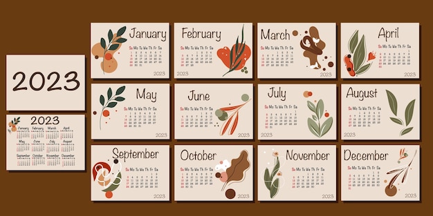 Vector calendar for 2023 in english. set. week starts on sunday. trendy abstract shapes with hand-drawn