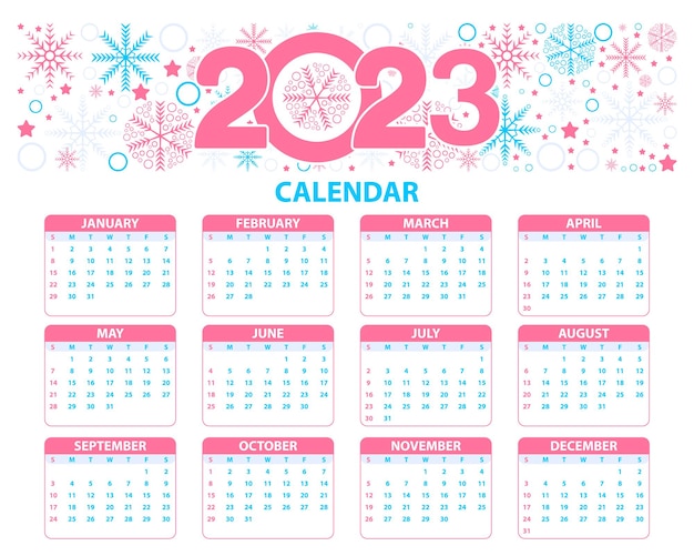 Vettore calendario 2023 floreale con colorato con date e mesi