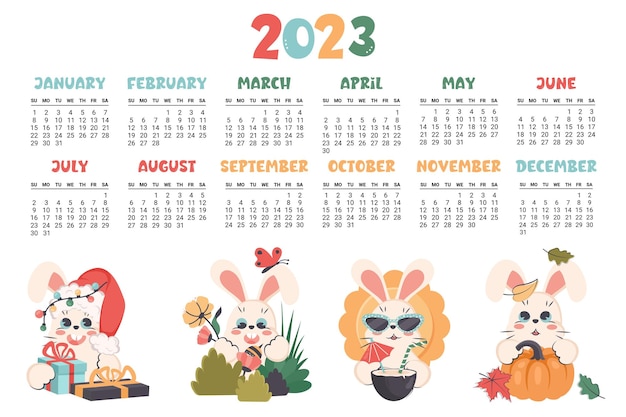 2023 年のカレンダーです。漫画のかわいいバニーと水平プランナー。週は月曜日から始まります。ベクター