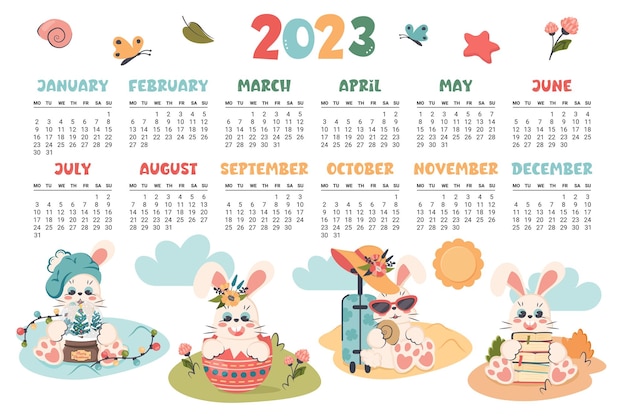 ベクトル カレンダー 2023 さまざまな季節のかわいいウサギと水平プランナー 新年のシンボルとして漫画のキャラクターのウサギ 週は月曜日に始まります ベクトル フラット イラスト