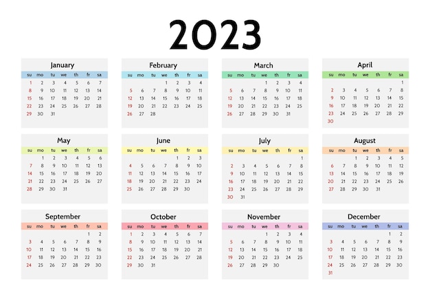 Calendario per il 2023 isolato su sfondo bianco