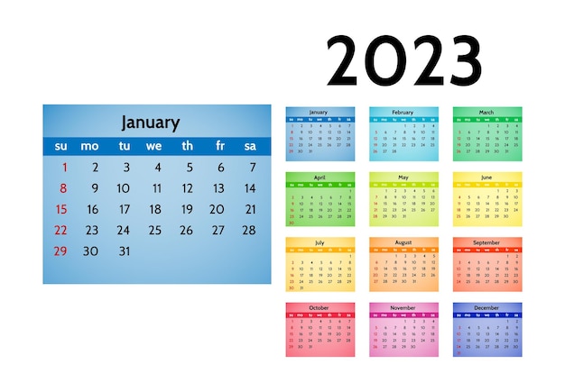 Calendario per il 2023 isolato su sfondo bianco