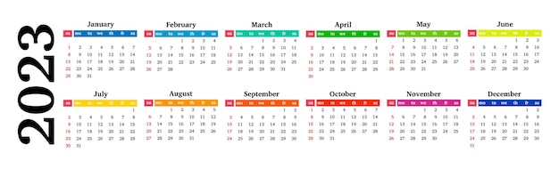 Calendario per il 2023 isolato su sfondo bianco