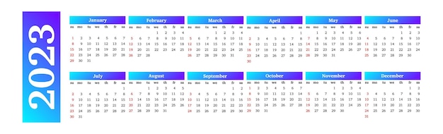 Calendario per il 2023 isolato su sfondo bianco